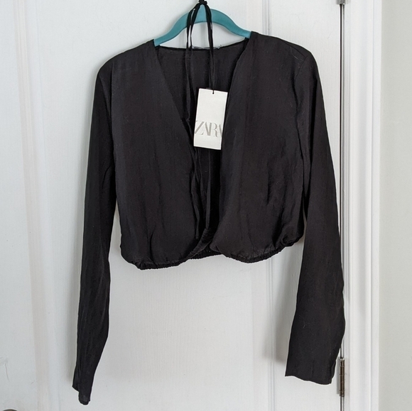 Zara Tie Waist Wrap crop shirt black size Large NEW @E - Picture 6 of 11